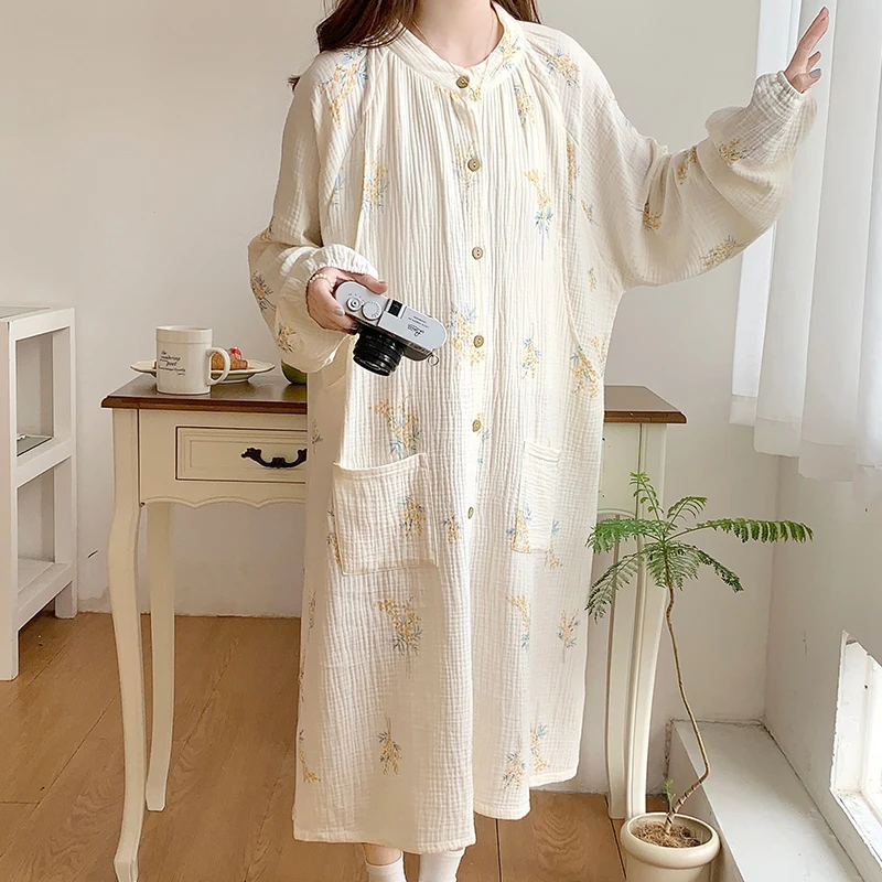 100% Cotton Double Gauze Nursing Night Dress for Maternity Long Sleeve Floral Printed Sleepwear for Pregnant Women Home Hospital