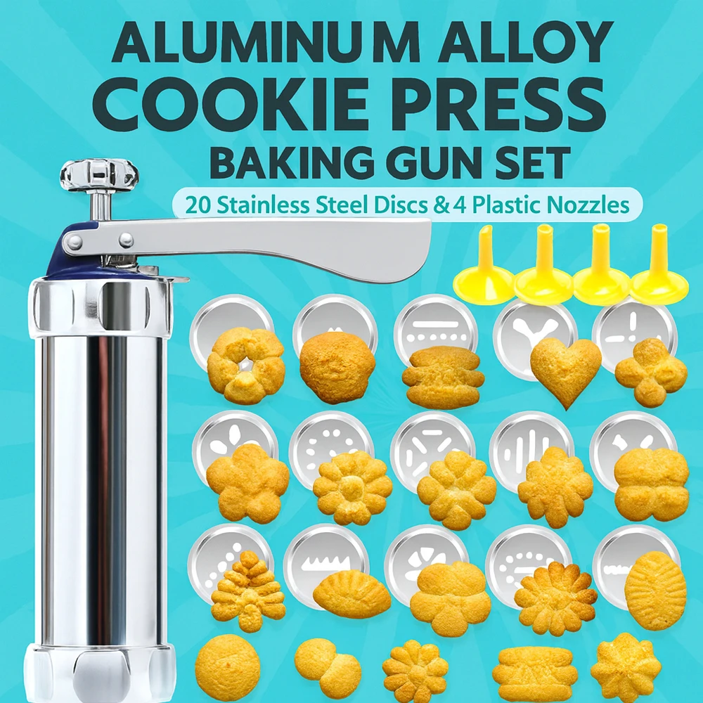 Juego de pistola de presión de galletas de aluminio con 20 discos/4 boquillas, fabricante de galletas DIY para hornear/Churros