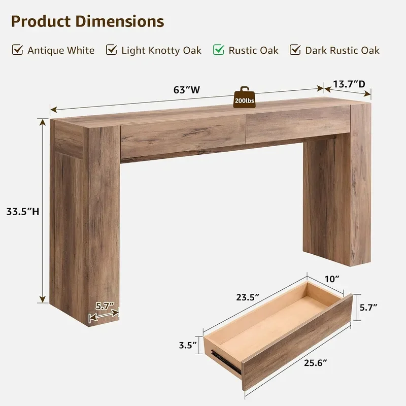 63 Console Table with Drawers Thick Block Entryway Table Rustic Oak