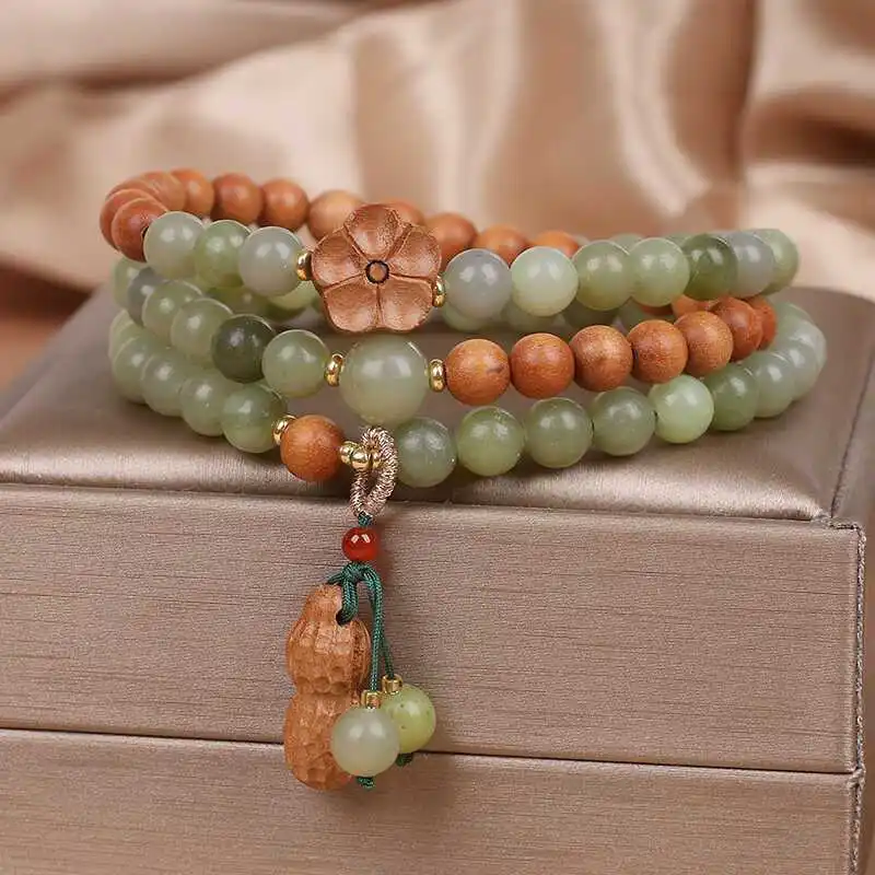 New Chinese Three Circle Green Jade Sandalwood Women's Peach Blossom Tassel Bracelet, Ethnic Style Cultural And Playful Bracelet