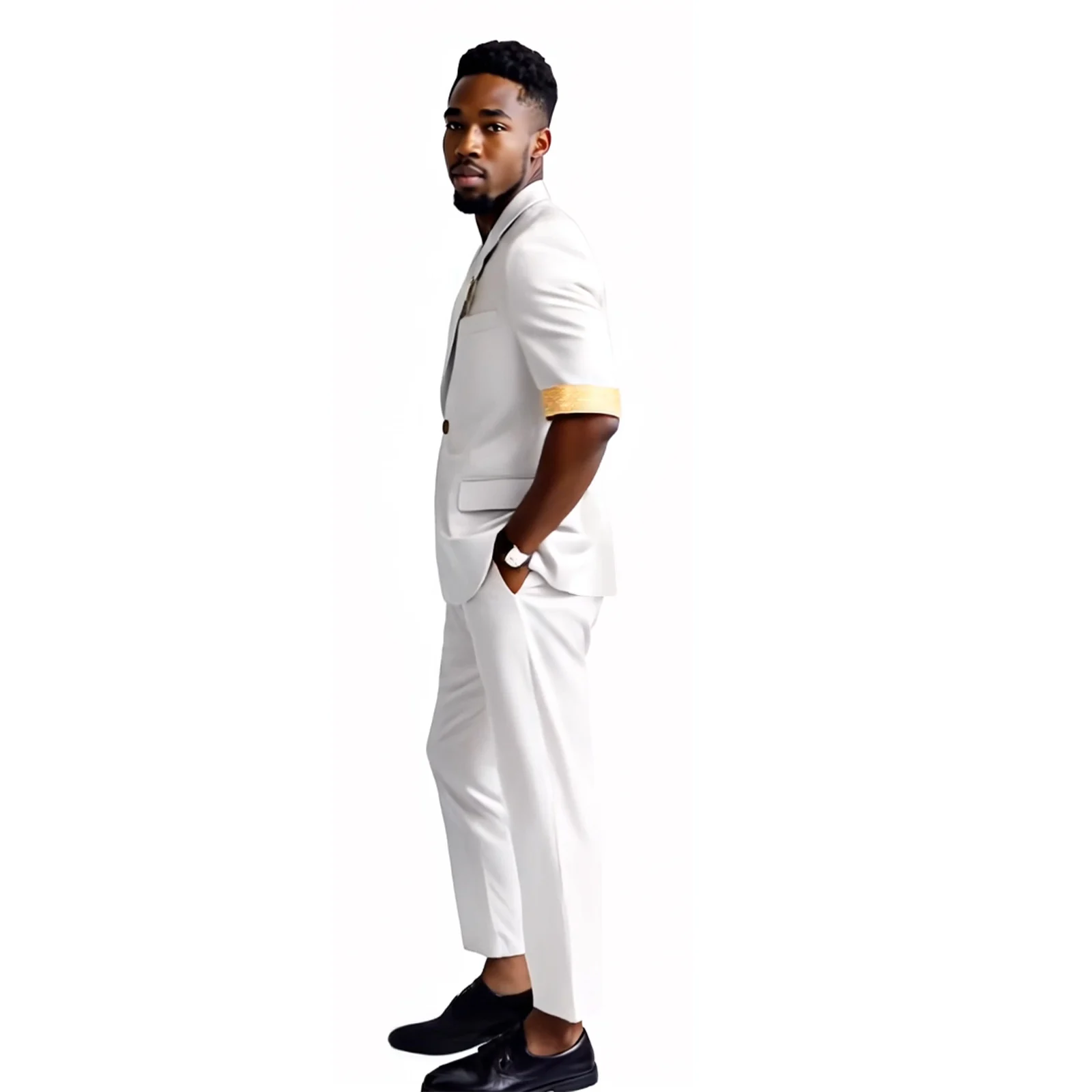 DBQ African Attire Men’s Slim Fit Suit One Button Short Sleeve Brooch Embroidery Blazer and Pant 2 Piece Suit BD164