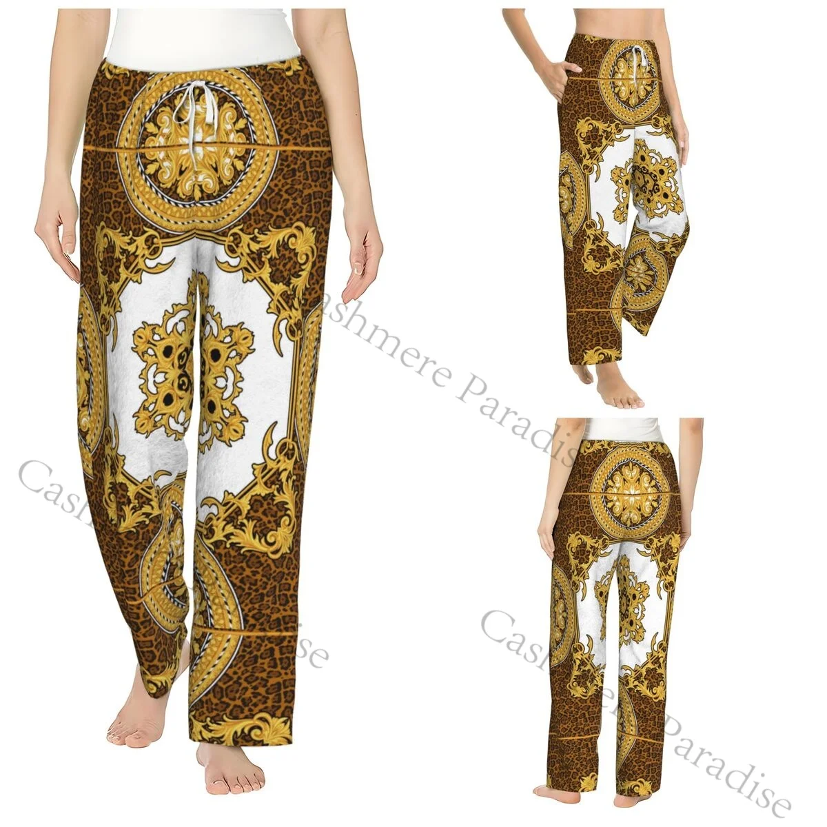

Luxurious Gold Baroque Flannel Pajama Pants for Women Soft Warm Sleep Pants with Elastic Waistband