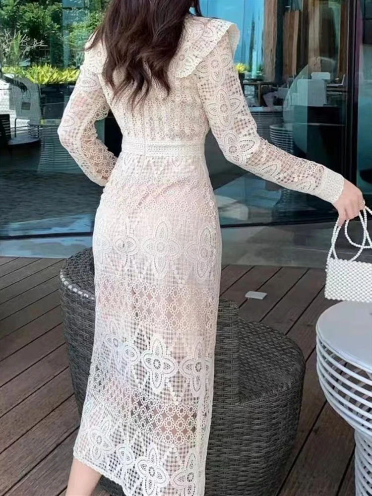 Woman Luxury Long Sleeve High Waist Embroidery Runway Elegant 2023 Vintage Dress Lace Party Boho Spring Autumn Dresses Women