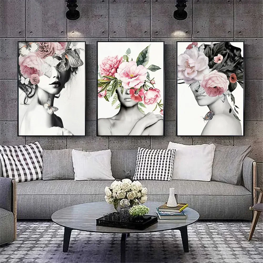 Woman Head Flower Wall Art Canvas Painting Naked Female Body Print Poster Beauty Lady Paintings Nordic Wall Pictures Home Decor view 3