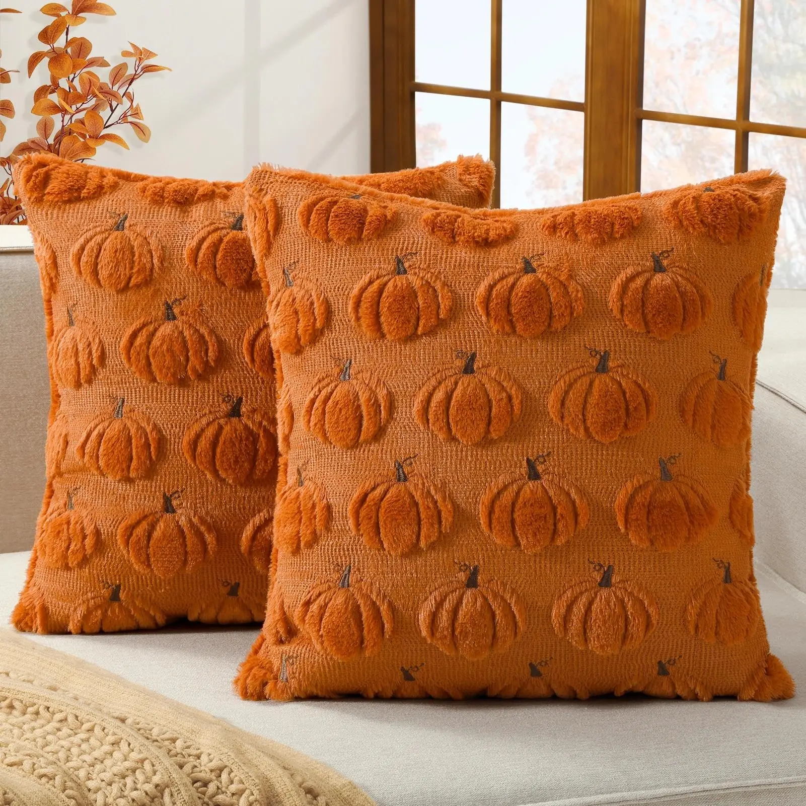 Fall Throw Pillow Covers 18x18inch Rust Orange Pumpkin Decor Plush Autumn Pumpkin Embroidery Cushion Case for Chair Sofa Bedroom