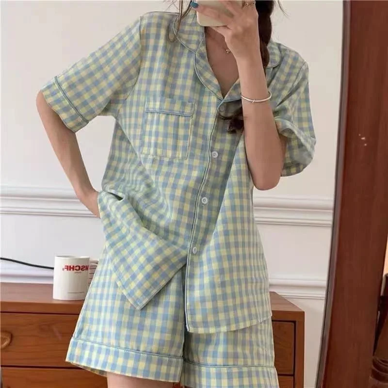 

Pajamas Women Cartoon Cute Bear High Value Short Sleeve Loungewear Suit Cardigan Striped Sleepwear Large Plaid Ladies Nightwear