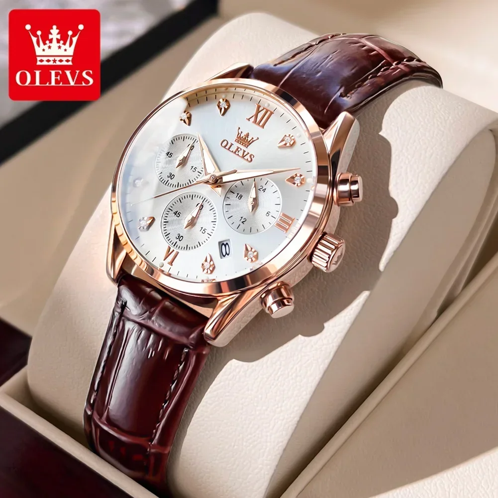 

OLEVS Luxury Watch for Women Quartz Leather Strap Women Watches Multi-functional Dial Waterproof Luminous Chronograph Wristwatch