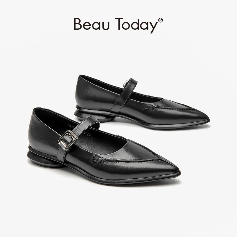 BeauToday Pointed Toe Shoes Women Genuine Calfskin Leather Solid Color Sewing Buckle Strap Spring Female Slip-on Handmade 18252