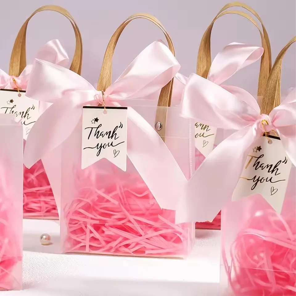 Sacs cadeaux en PVC transparent avec ruban rose, fourre-tout en plastique, sac d'emballage cadeau pour emballer des cadeaux de vacances, Shopping, fournitures d'anniversaire, 10 pièces