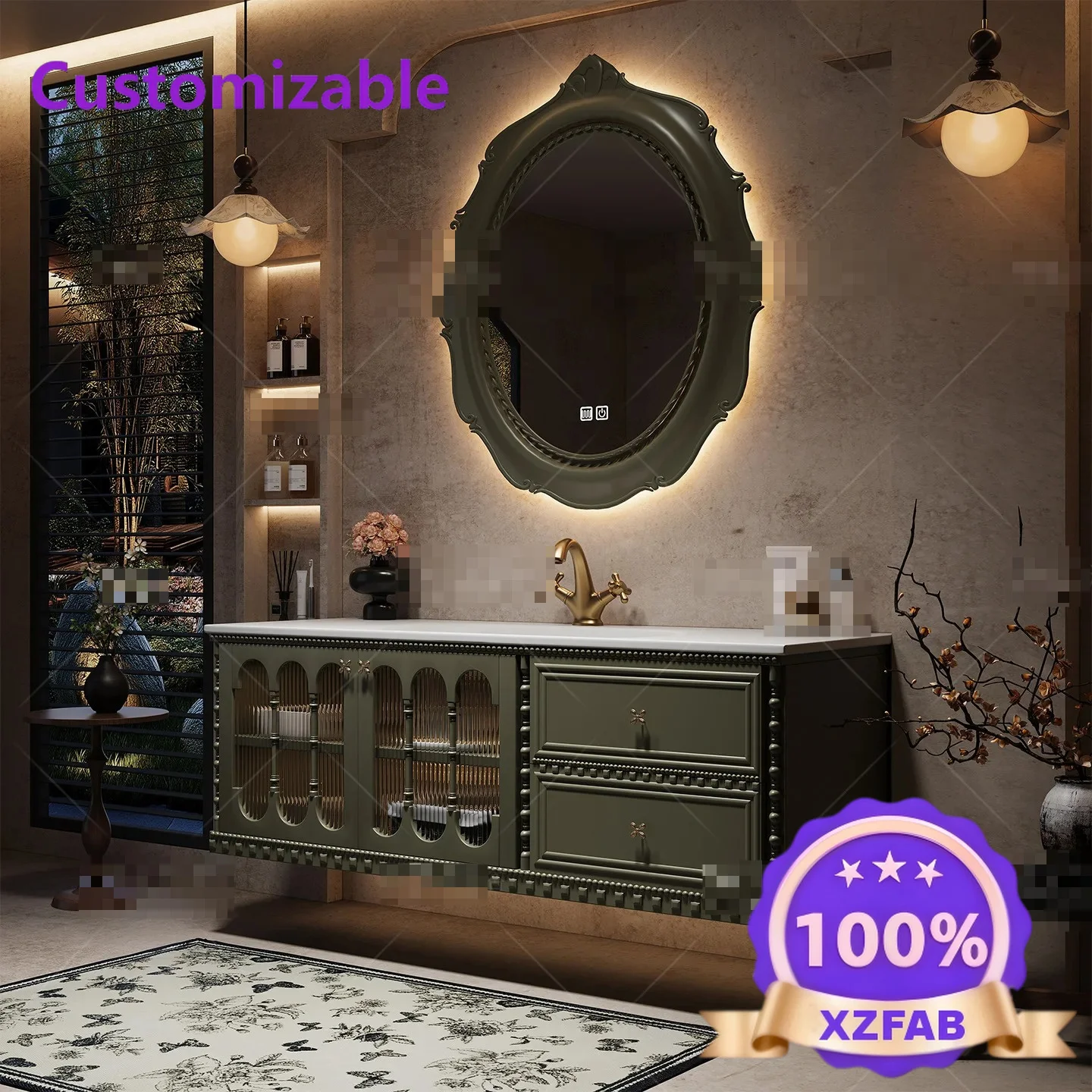 Factory Direct 2026 American French medieval style bathroom cabinet toilet washbasin rock slab hot bending integrated basin wash