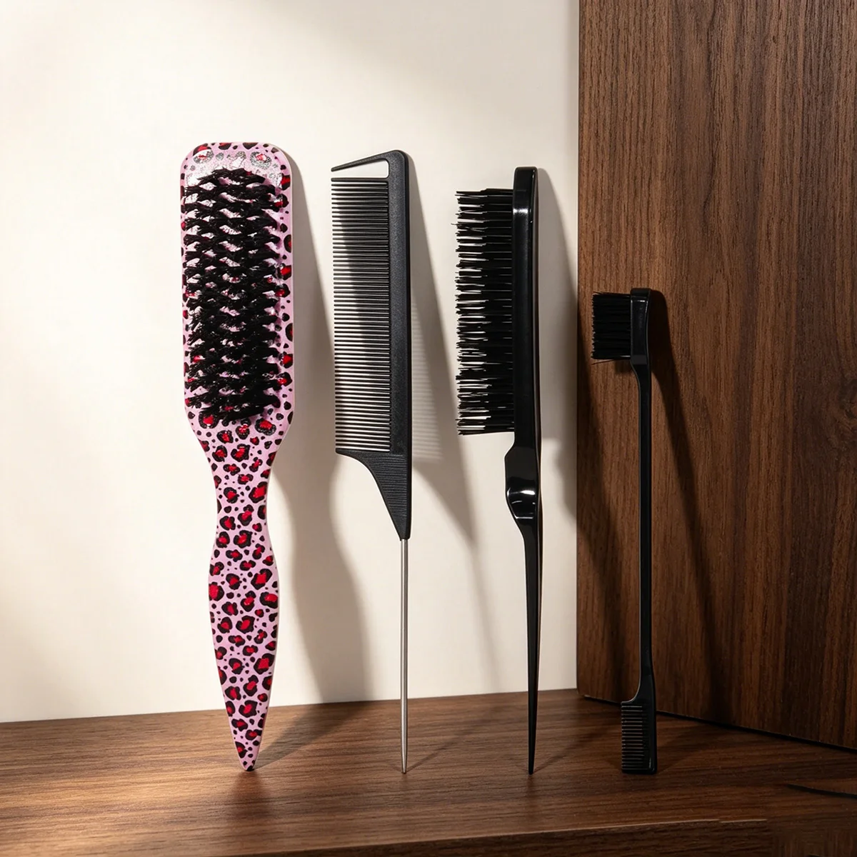 4-pcs/set hair comb set, leopard print pattern anti tie hair brush, pointed tail comb, edge brush, Suitable for all hair types