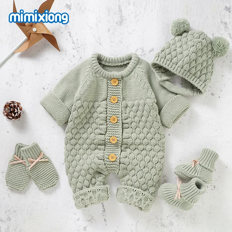 Girl Boy Knitted Jumpsuits Outfits Autumn Winter Long Sleeve Baby Rompers Caps Clothes Sets Newborn Toddler Infant Overalls 2pcs