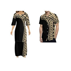 Nieuwe Ontwerp Custom Polynesische Samoan Tribal Tapa Puletasi Tatau Patroon Maxi Jurk Ronde Hals Tweedelige Set Top Rokken Outfits