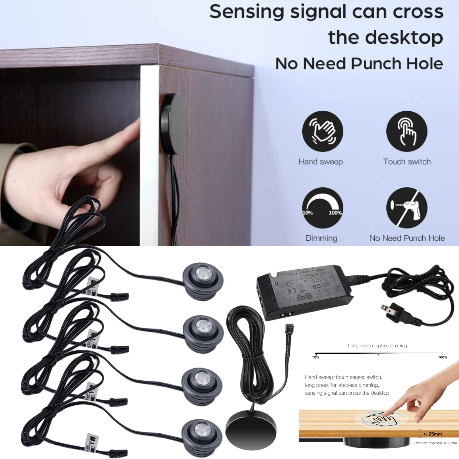 12V Adjustable LED Spotlight Ceiling Light with Penetrate Touch Sweep Dimmer Switch for Shop Cabinet Showcase Counter Lamp Decor