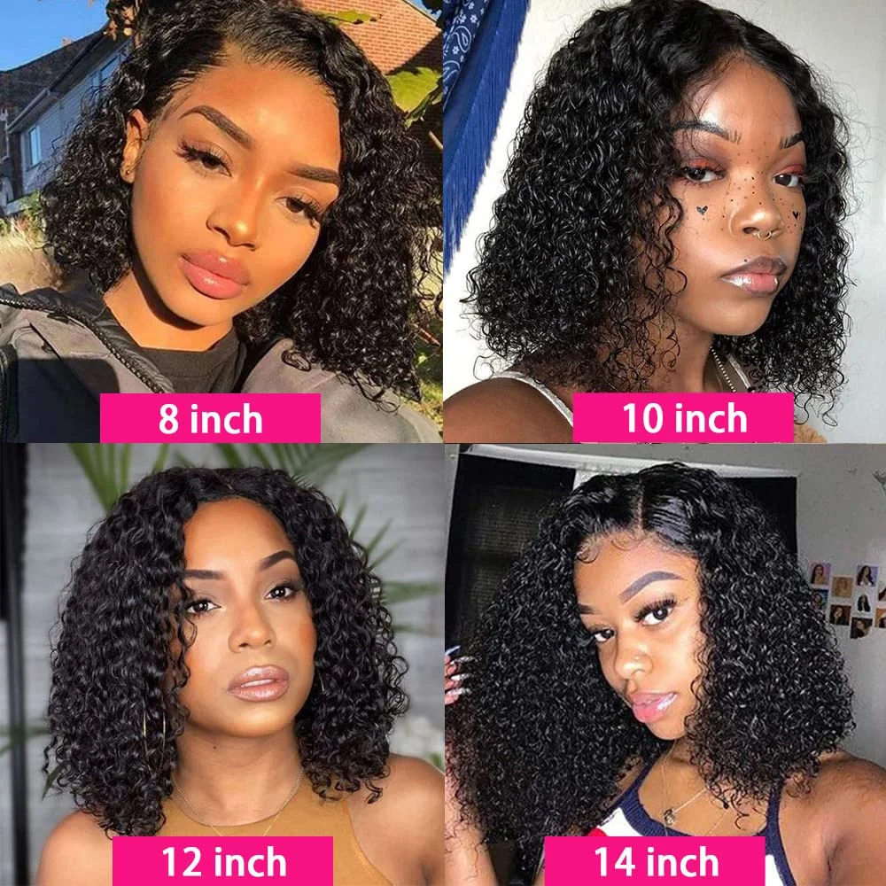 Kinky Curly Bob Lace Front Wig pour femme, perruques de cheveux humains sans colle, perruque transparente HD 13tage