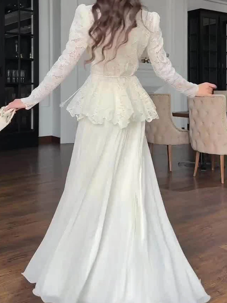Sexy weiße Spitze Stickerei schlankes Abendkleid elegante hohe Taille Rüschen Bankettkleid Mode Langarm Damen Partykleider