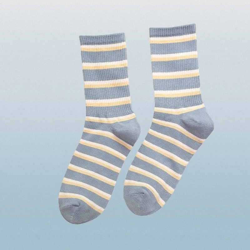 5/10 Pairs Blue Plaid Socks Women Autumn And Winter Mid-tube Socks Cream Striped Cotton Socks British Style Socks