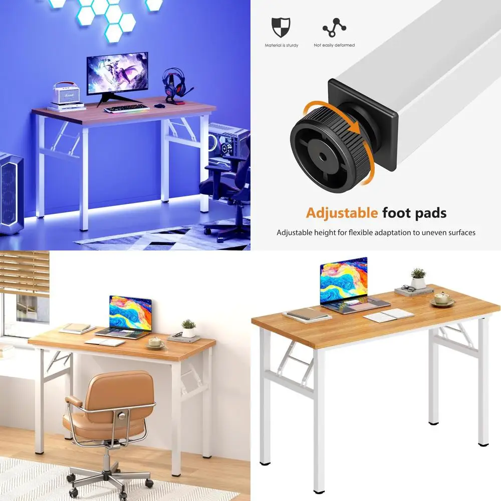 

Compact 31.5 Folding Desk: Space-Saving Computer Desk for Home Office, Easy Setup, Teak & White Frame