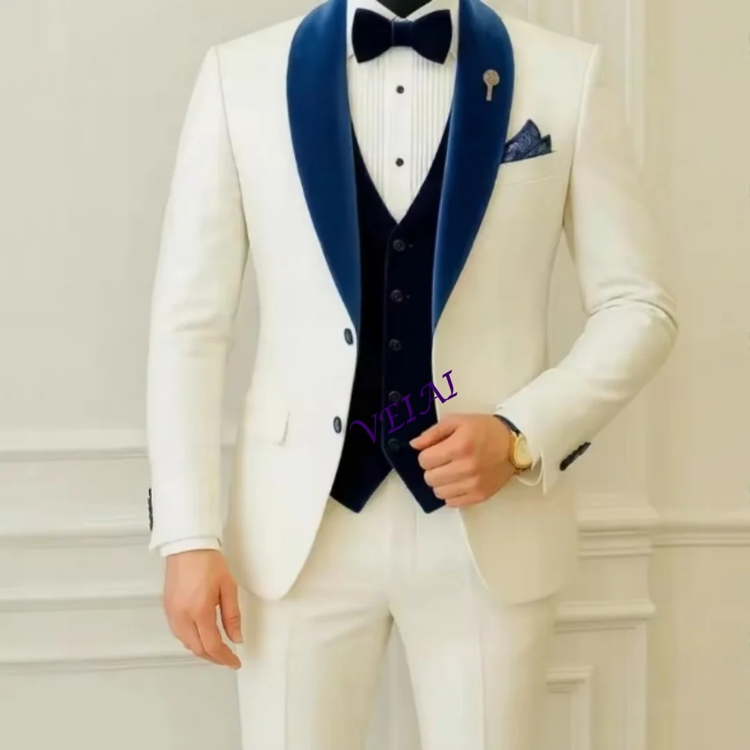 

CustomizedWhite And Navy Blue Men Suit Wedding Party Formal Groom Groomsman Prom Business Male Tuxedos 3 Piece Set Jacket Vest P