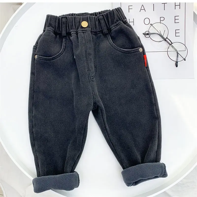 Boys Clothes Denim Pants Casual Solid Color Fleece Thermal Trousers Oversize Toddler Kids Winter Pants 36m Baby Boy Cotton Jeans