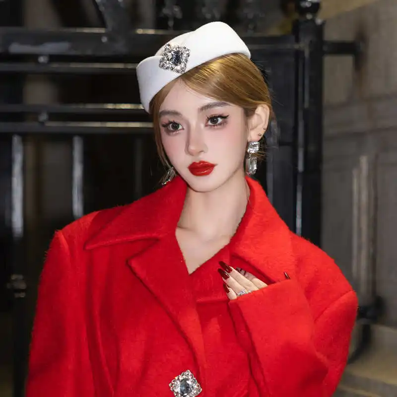 British style hat women woolen big head flight attendant hat high-end feeling diamond inlaid felt hat small top hat 4m605