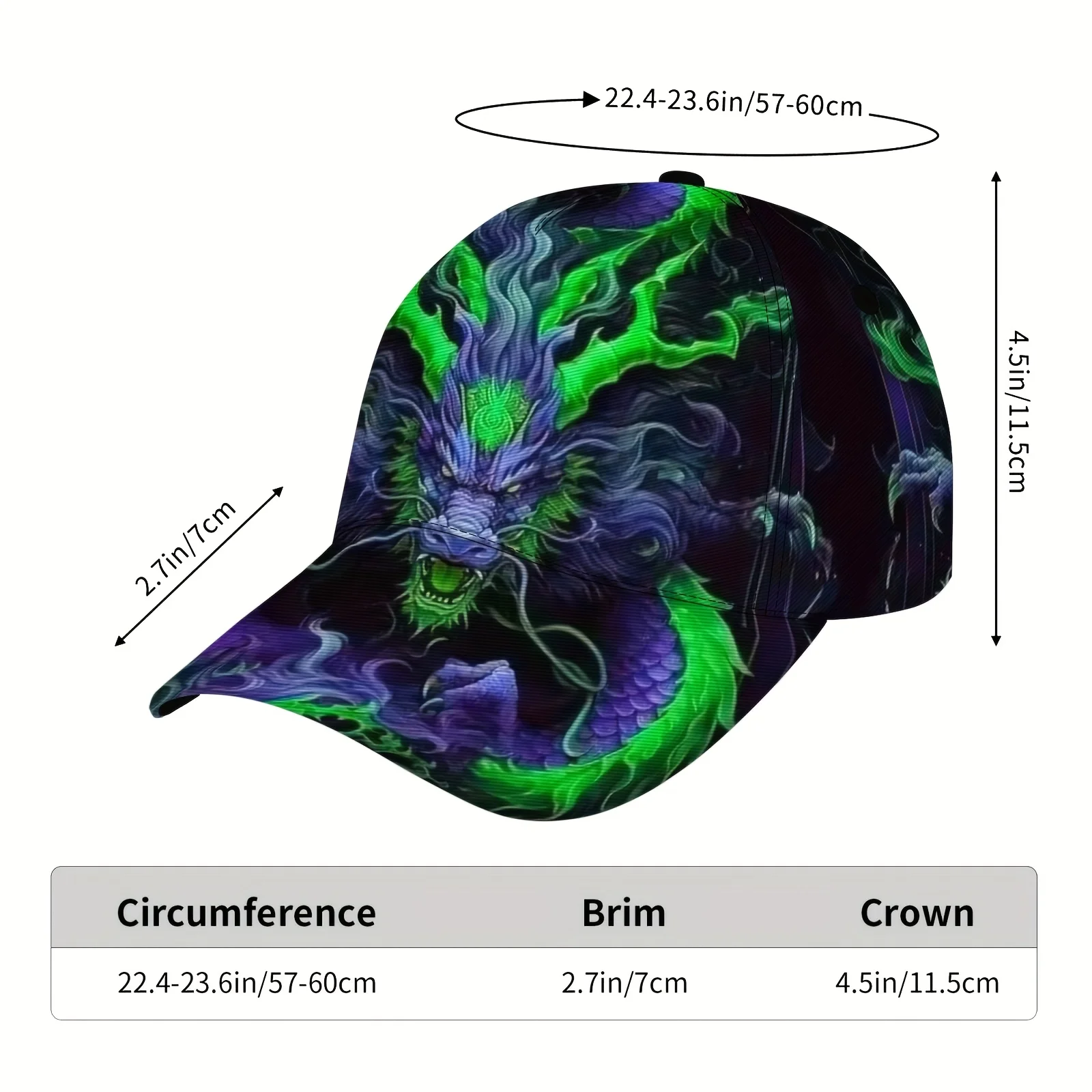 Neon Green Purple Dragon Print Baseball Cap Unisex Summer Sun Hat UV Protection Casual Outdoor Streetwear Chinese Zodiac Fashion