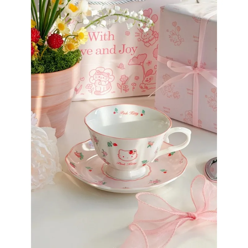 Cute Ceramic  Coffee Cup High Aesthetic Afternoon Tea Dessert Cup Plate Women's Elegant Gift Box Luxury Feel French Style
