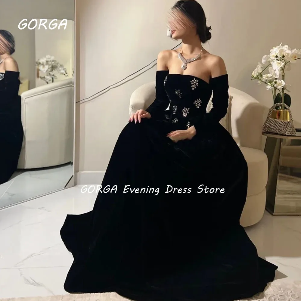 GORGA Black Strapless Beading A-LINE 2024 High Quality Velour Ocassion Gown Floor-Length Evening Dress فستان سهرة نسائي