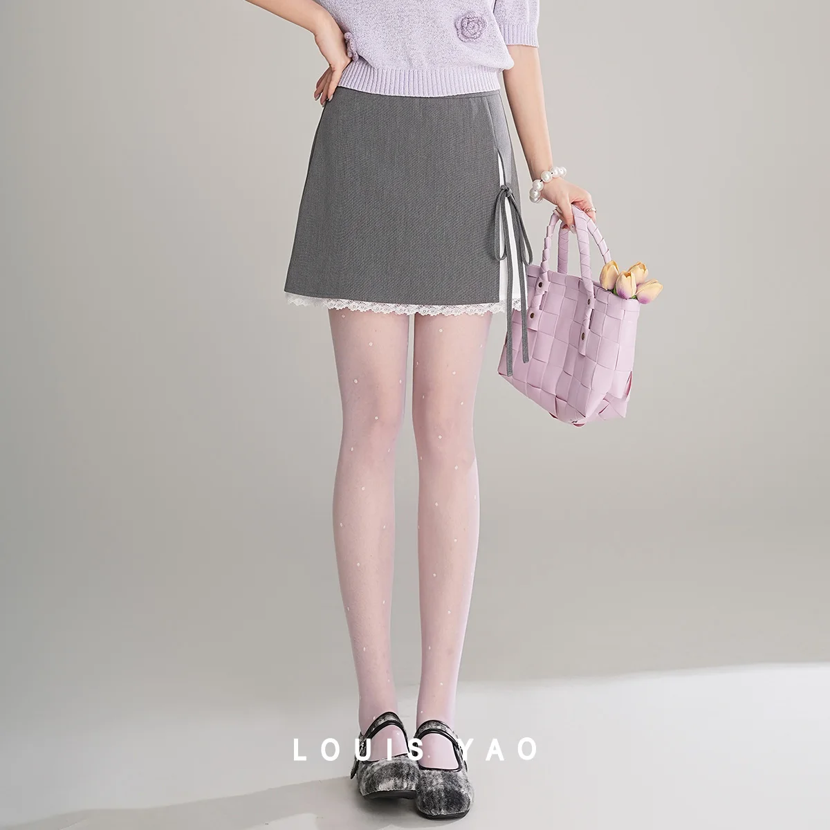 LOUIS YAO Splicing Color Contrasting Lace Half Skirt 2025 Autumn A-line Skirt Gentle Side Fork Design Women's Short Skirt