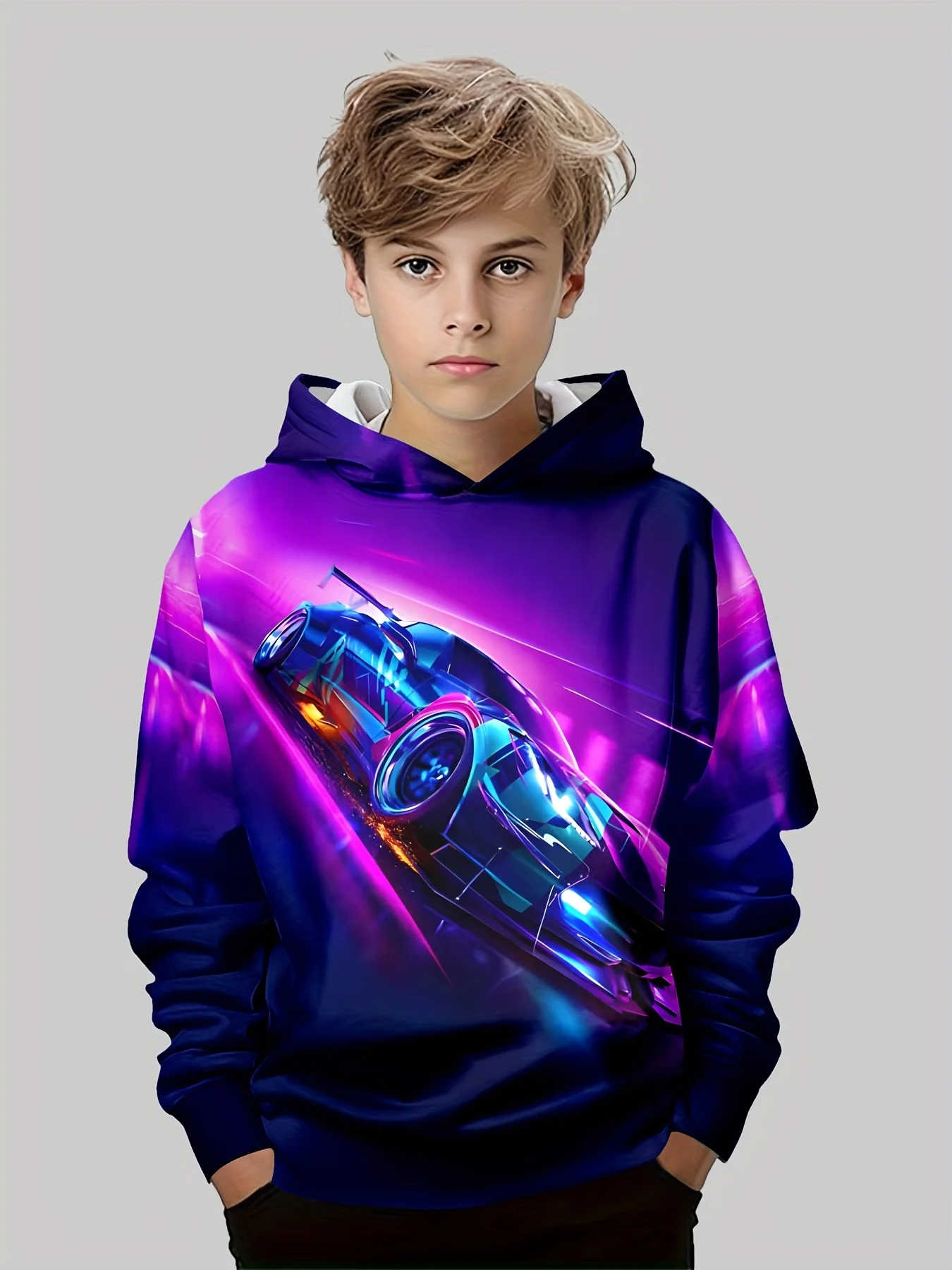 

Trendy Kids' Streetwear! High-Energy Neon Purple Race Car Hoodie, Children's Christmas Winter Style, Stand Out at Parties