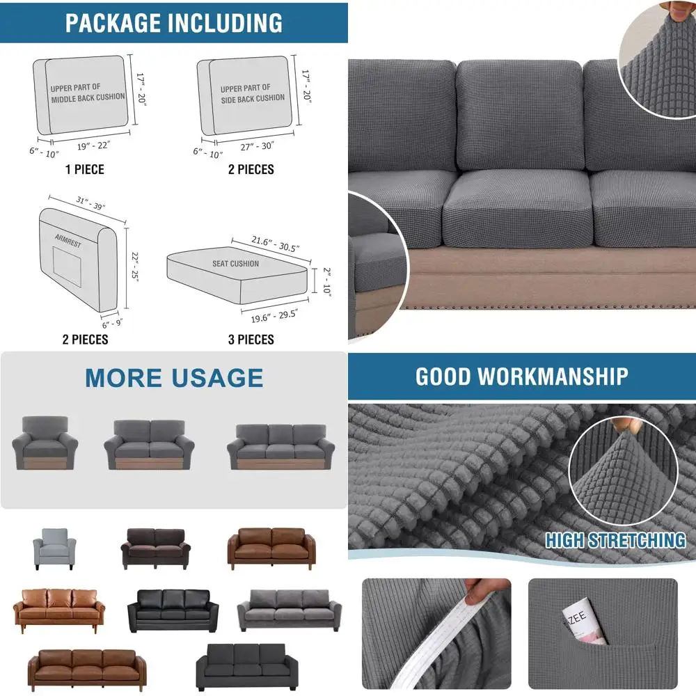 

3-Piece Stretch Sofa Cover Set with 2 Bonus Armrests - Grey