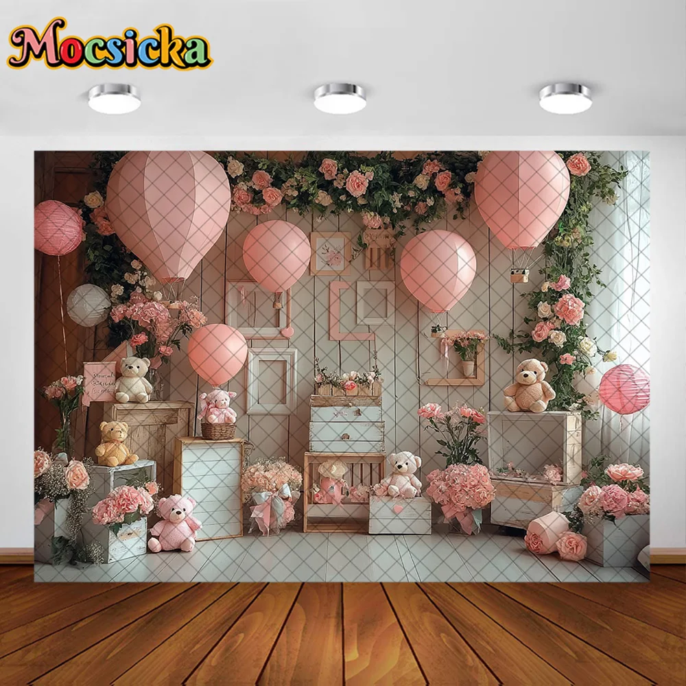 Mocsicka Fotografie Hintergrund Rosa Ballon Zimmer Plüsch Spielzeug Bär Dekoration Hintergrund Baby Dusche Neugeborenen 1. Geburtstag Party Prom