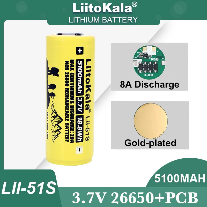 بطارية ليثيوم LiitoKala قابلة لإعادة الشحن ، مناسبة للمصباح اليدوي ، حماية من ثنائي كلورو ثنائي فلورو إيثيل ، قوة ، من من من الخارج ، 8 أ ، أو V ، 5100 مللي أمبير