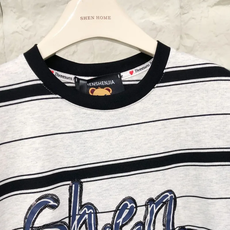 American Retro Style Bow Bead Printing Long Dresses Fashion Loose Design Striped Short-sleeved T-shirt Dress For Women's Clothes