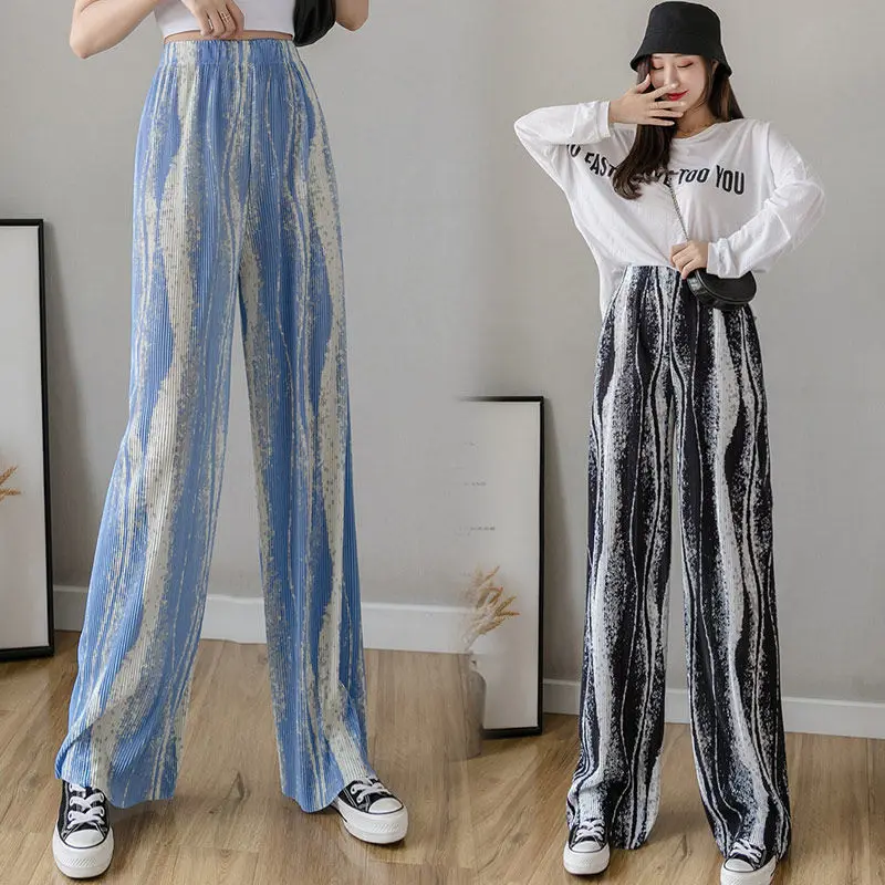 Women's Trousers Ice Silk Tie Dye High Waist Wide Leg Straight Long Pants Pleated Loose Summer Thin Vintage Casual 2024