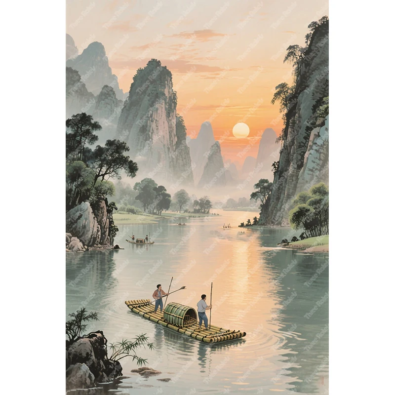 Three Ratels QHH104 Morning Beautiful Landscape Ink Painting Art Wall Stickers for Home Decoration