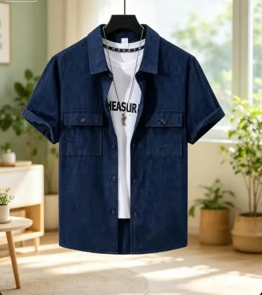 Men's Summer New Heavyweight Corduroy Shirt, Jacquard Texture Casual Short Sleeve Button-Down Cardigan with Chest Pockets