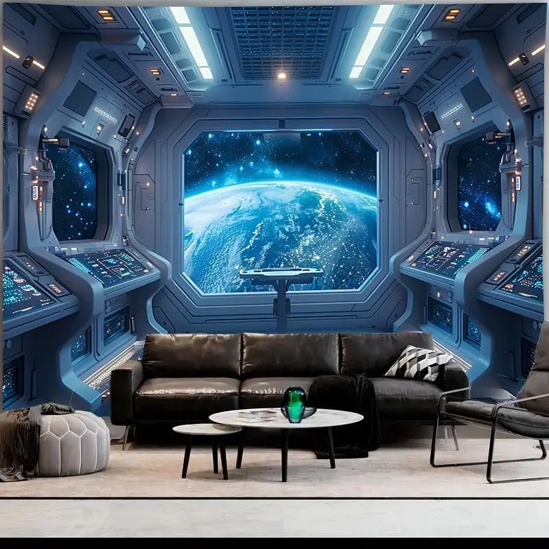 Galaxy Space Station Tapestry Sci-Fi Planet Earth Futuristic Wall Art for Bedroom Living Room Dorm Decor