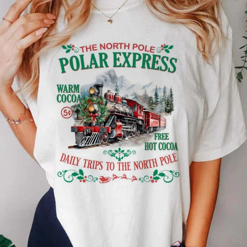 The North Pole Polar Express Daily Trips Printed Women's Short Sleeved Harajuku Street T-Shirt Casual Loose Top Pattern T-Shirt