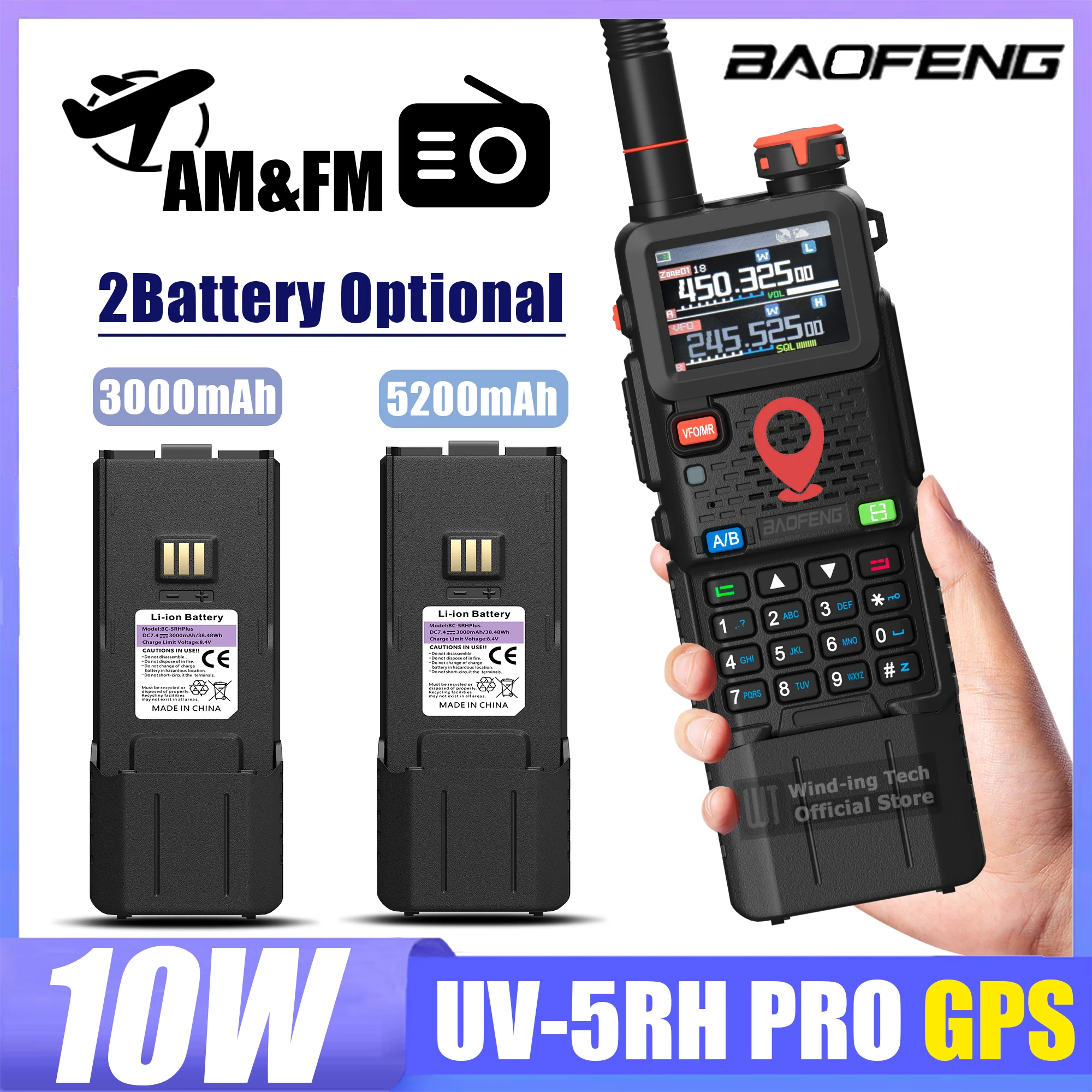 1/2PCS Upgrade Baofeng UV 5RH Pro GPS Walkie Talkie 3000mAh 5200mAh Lengthened Thickened Battery Frequency Copy Type-C Ham Radio