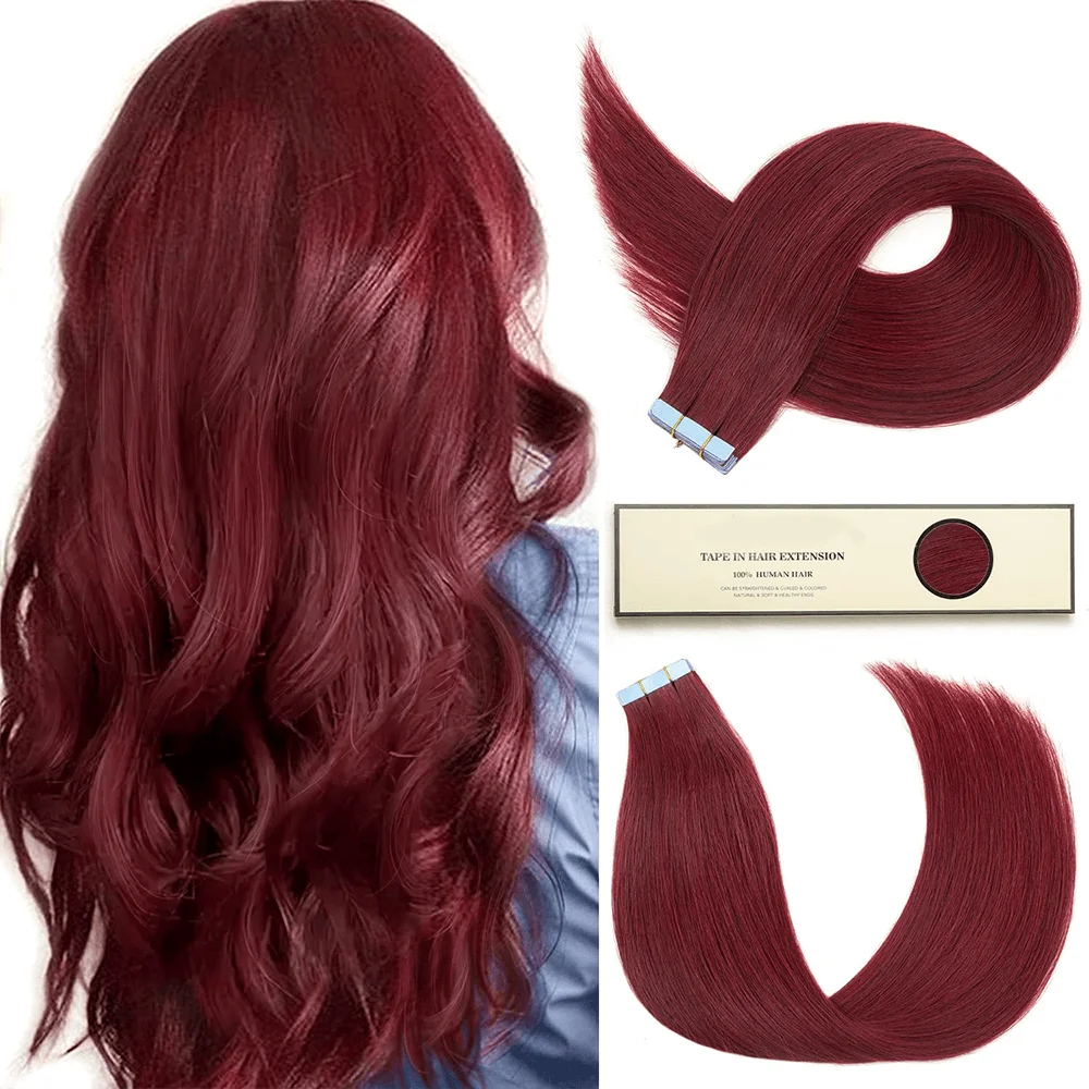 

99J Burgundy Straight Tape-In Human Hair Extensions - 100% Unprocessed Brazilian Hair, True Length Easy Application for Women