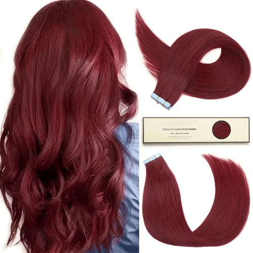 Extensiones de cabello humano con cinta recta color burdeos 99J: cabello brasileño 100% sin procesar, longitud real, fácil aplicación para mujeres