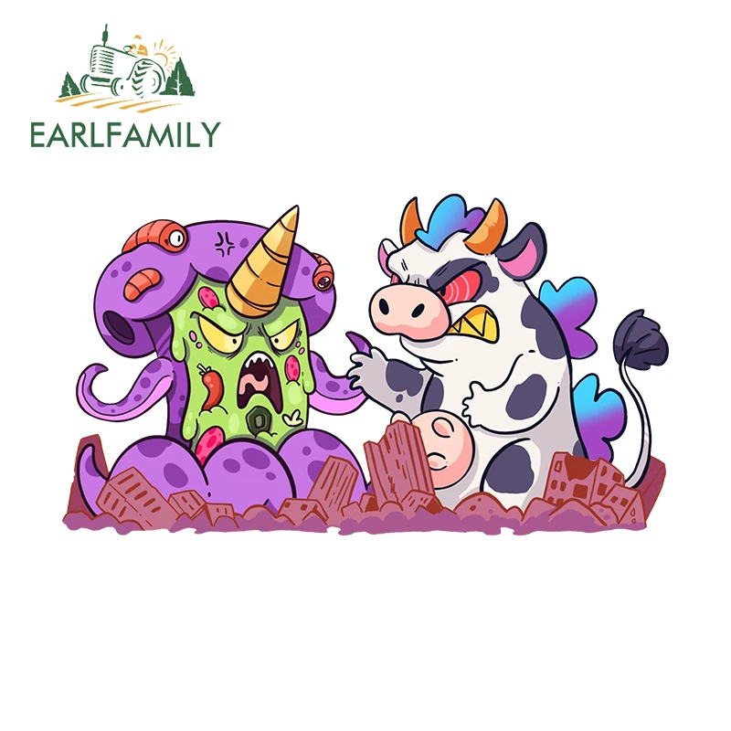EARLFAMILY Funny Cowzilla Vs Pizza Car Stickers Lovely Creative Cartoon Computer Refrigerator Decals Sunscreen Racing Decor