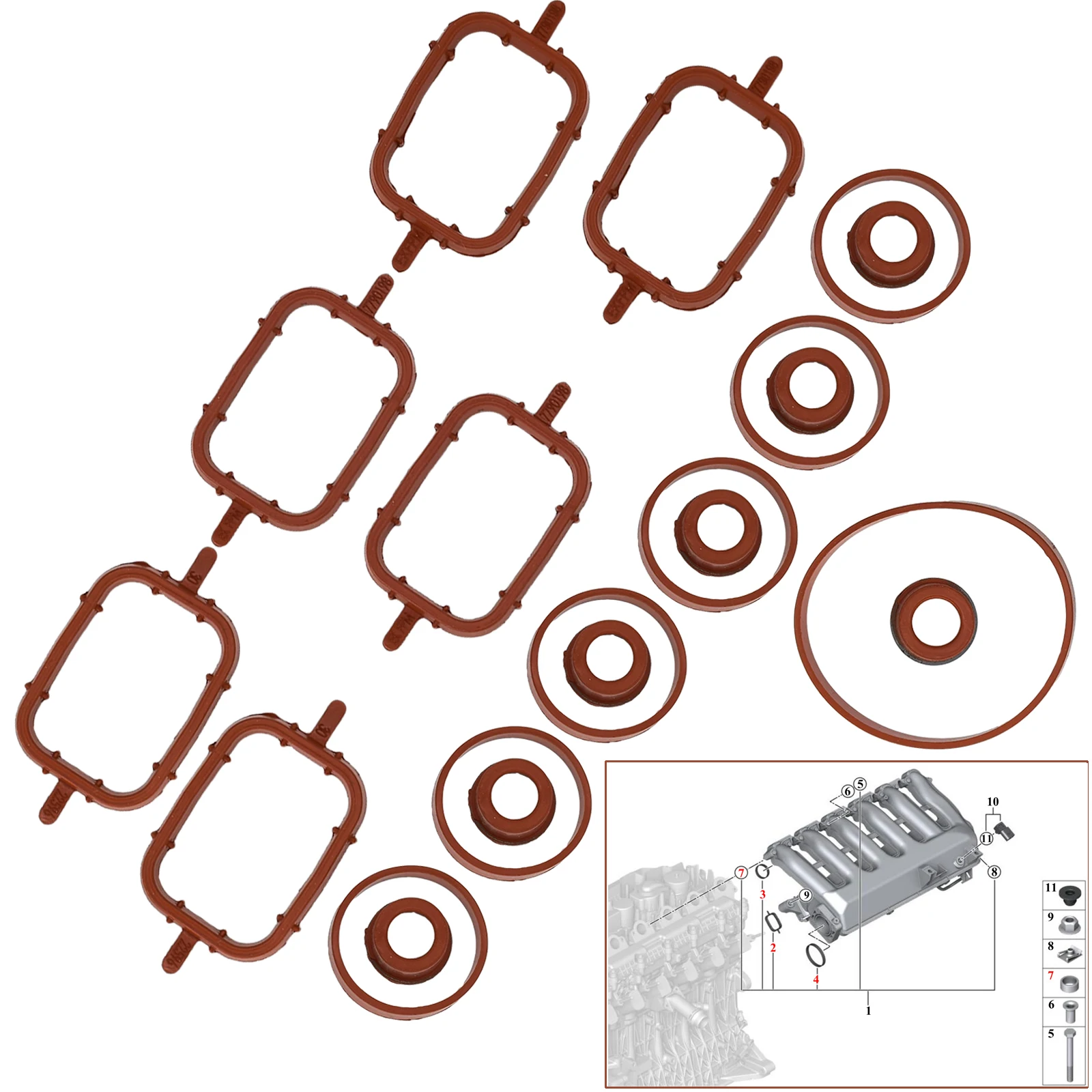 Intake Manifold Gasket Seal Kit, Peças de carro Acessórios, BMW X3, Série X5, M57, M57N, E39, E46, E90, E83, E53, E70, E71, 3.0d, 20pcs