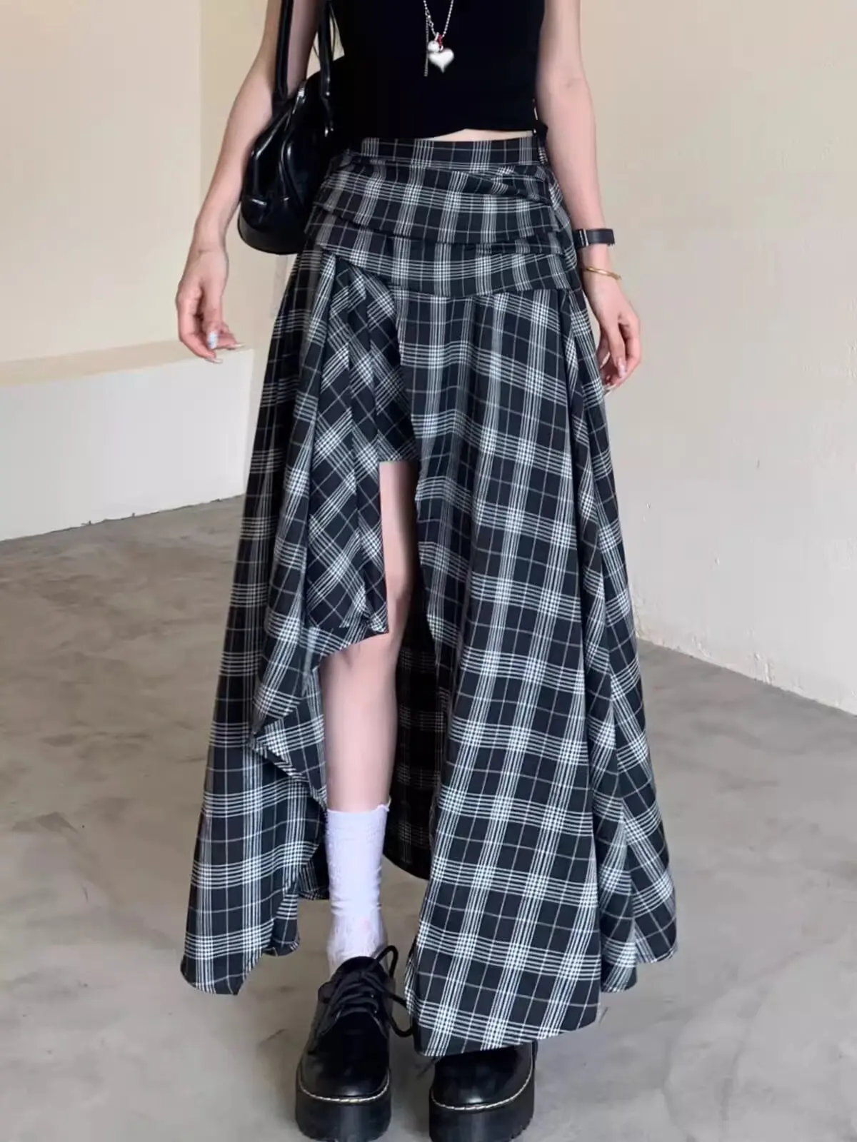 

High Waist A-Line Midi Skirt with Slit for Women Summer plus Size Korean Sle Loose Fit Slimming Plaid f-length Skirt