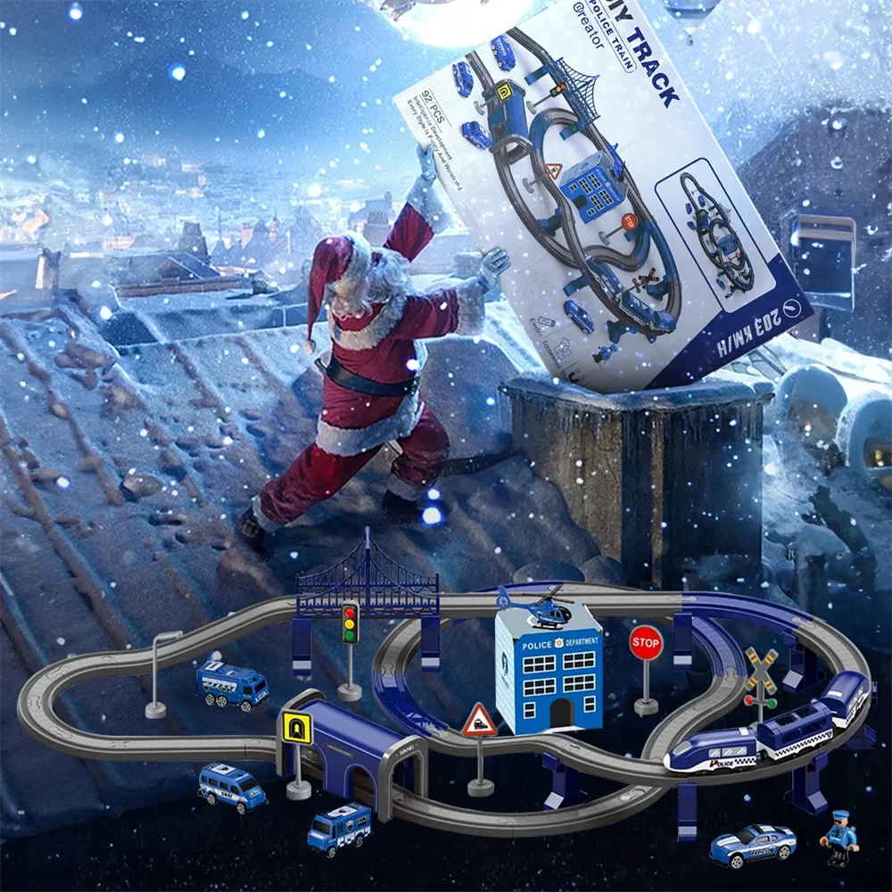 Conjunto de trem de brinquedos para crianças, conjunto de pista de corrida HDJ 92PCS para meninos, presente de aniversário de trem de Natal, brinquedo de polícia com carros, helicóptero (azul)