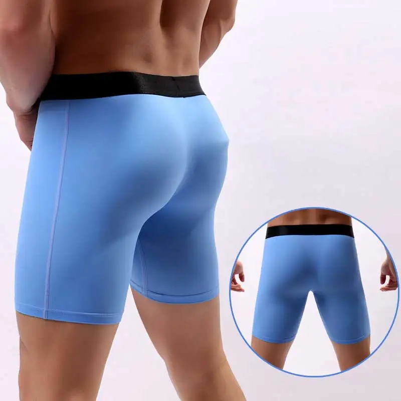 Ice Silk Lengthen Men Boxers Mid Waist Solid Mens Underwear Boxer Shorts Long Leg Underpants Quick Dry Sexy U Pouch Panties