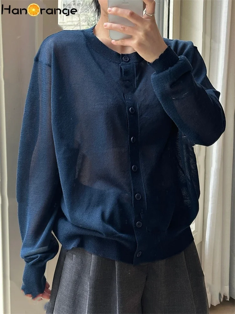 HanOrange 2025 Spring Commuting Lazy Thin Knitted Cardigan Women Lightweight Breathable Sweater Top Navy Blue/Gray