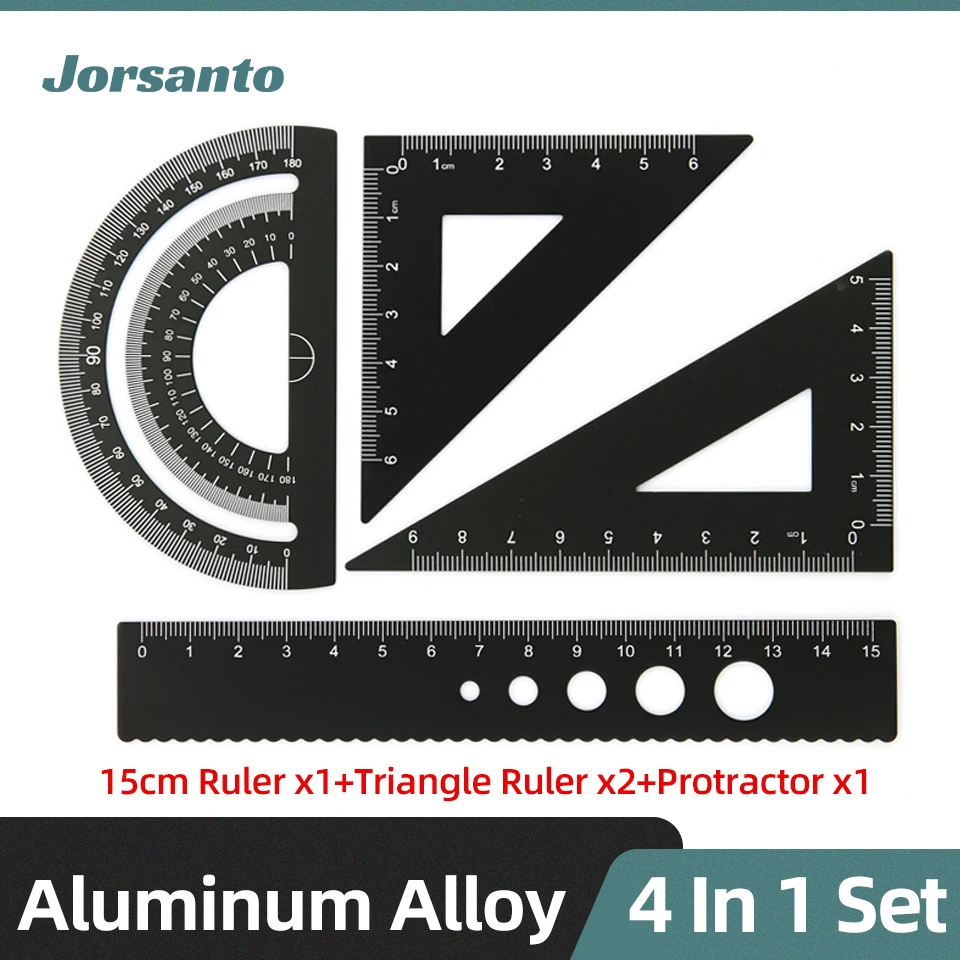 4 in 1 Metal Ruler Aluminum Alloy Angle Ruler Protractor Triangle Ruler Multifunctional Measuring Tools Set Square Goniometer