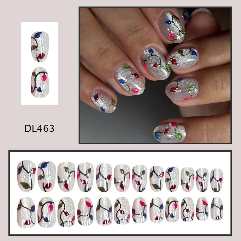 Christmas Press on Nails Short Round Silver Glitter Nail Tips Colorful String Light Pattern Reusable False Nails